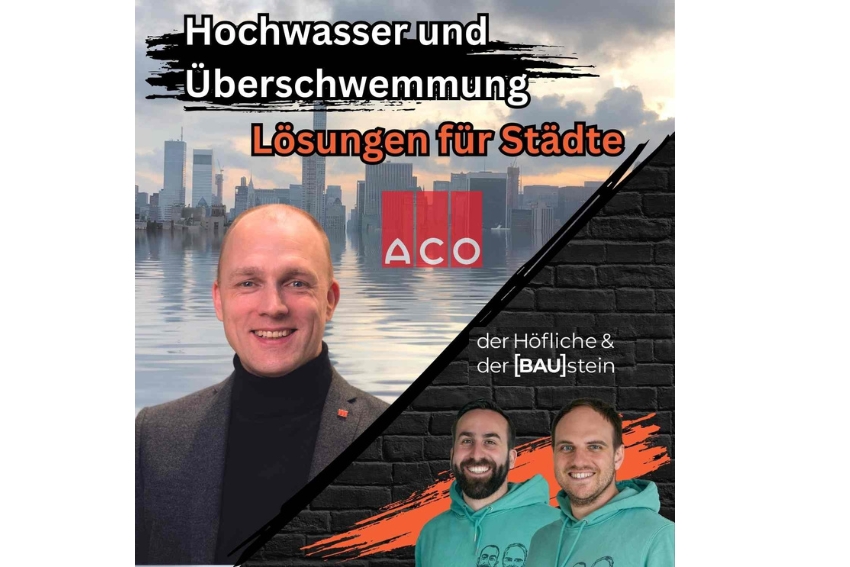 Podcast-Cover zum Thema Hochwasser mit drei lächelnden Männern und dem Schriftzug „Lösungen für Städte – ACO“.