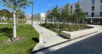 Moderner, sonniger Stadtplatz mit Bäumen, Grünflächen, breiten Gehwegen und Sitzbänken vor einem hellen, mehrstöckigen Gebäude.