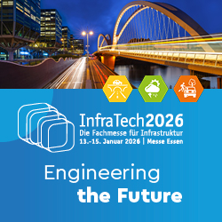 Werbung für InfraTech 2026 mit beleuchteter Brücke und Slogan ‚Engineering the Future‘.