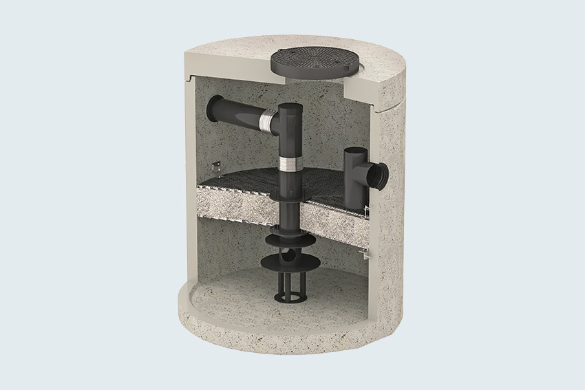 3D-Rendering eines Querschnitts einer Regenwasserbehandlungsanlage mit Komponenten.