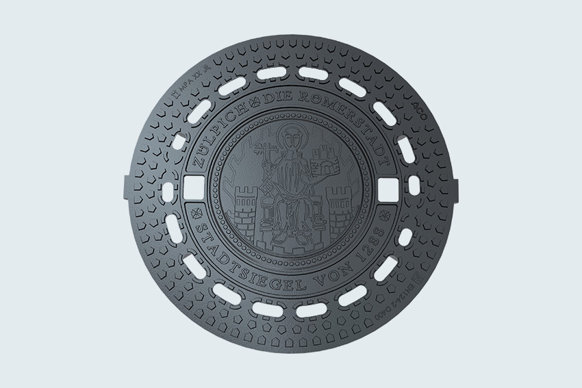 3D-Rendering einer runden Schachtabdeckung mit dem Wappen der Stadt Zülpich.