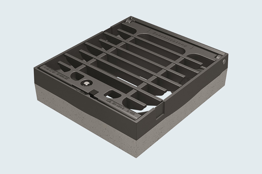 3D-Rendering eines Aufsatzes für Straßenabläufe mit umlaufend geschlossenem Rahmen.