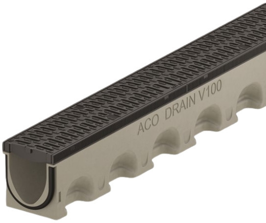 3D-Rendering Fließquerschnitt einer Entwässerungsrinne mit Rost und Kantenschutz aus Kunststoff.