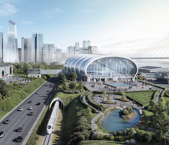 Rendering einer modernen Stadt mit Autobahn, ICE, futuristischem Glasgebäude, Grünflächen, Teich, Wolkenkratzern und Brücke.