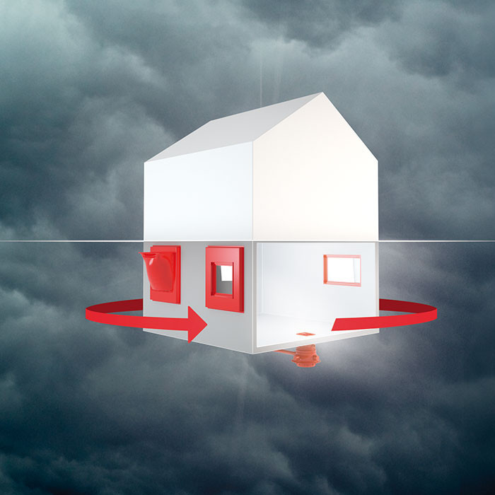 Stilisiertes weißes Haus vor dunklem Wolkenhintergrund mit rotem Pfeilkreis, der das Gebäude umläuft.