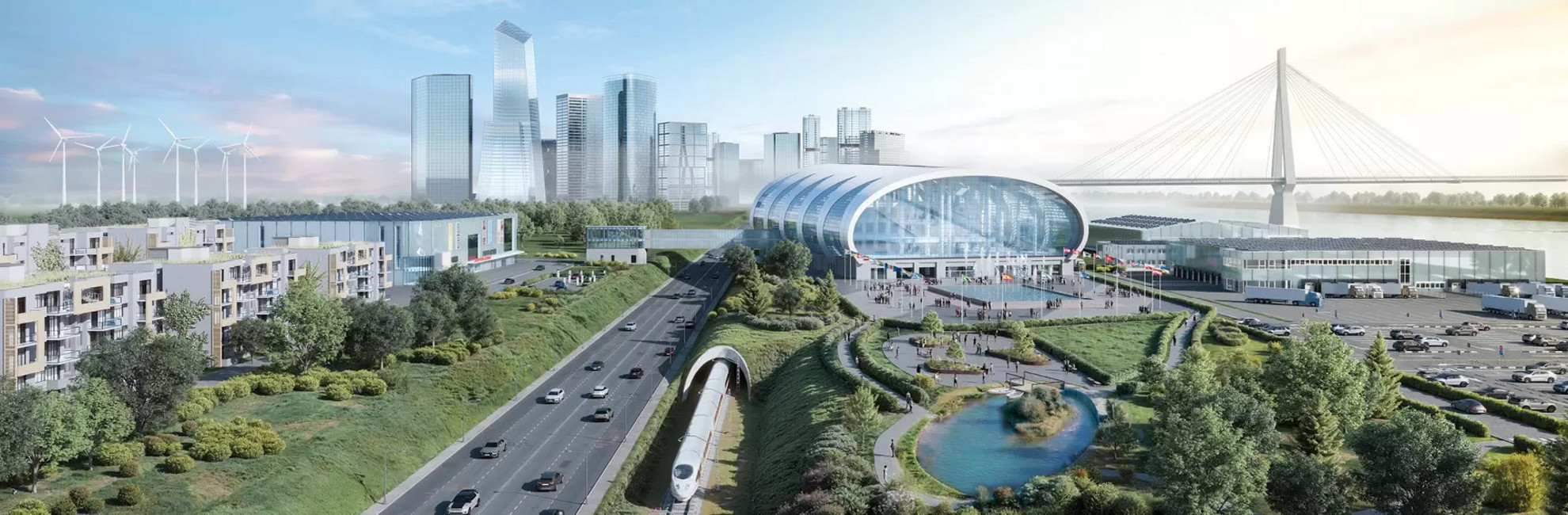 Rendering einer modernen Stadt mit Autobahn, ICE, futuristischem Glasgebäude, Grünflächen, Teich, Brücke und Wolkenkratzern.