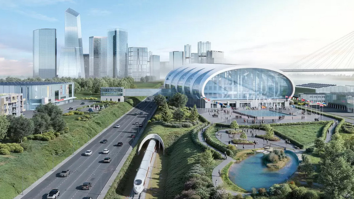 Systeme für die Umwelt Rendering einer modernen Stadt mit Autobahn, ICE, futuristischem Glasgebäude, Grünflächen, Teich, Brücke und Wolkenkratzern.