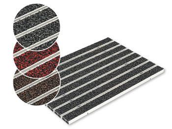 Ein Produktbild von einer Schuhabstreifermatte mit textilen Streifen und drei vergrößerten Detailansichten der Oberfläche.