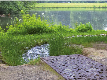 Kleiner Bach fließt zu einem See, umgeben von Bäumen und Gras, im Vordergrund ein Flächenrost.