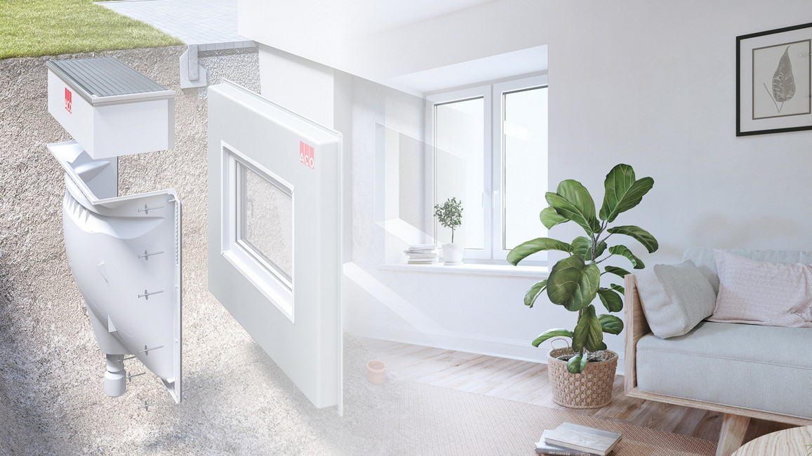 Querschnitt eines Lichtschachtsystems mit integriertem Fenster, das Licht in einen hellen Kellerraum mit Pflanze und Sofa bringt.