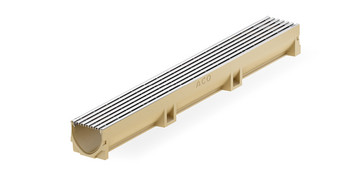 3D-Rendering einer Entwässerungsrinne mit Abdeckrost.
