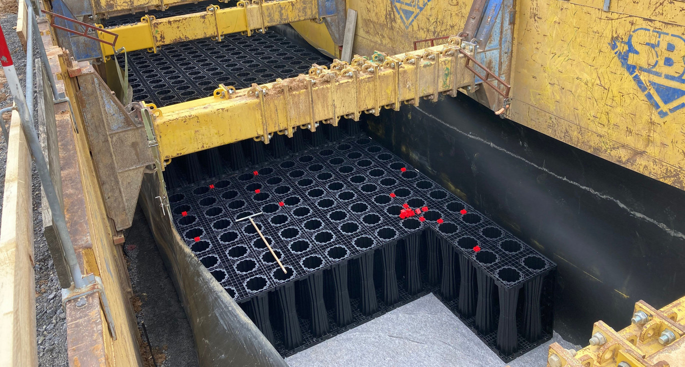 ACO Stormbrixx als Blockspeicher: Ein ideales System in kompakter Bauweise, dass sich problemlos in die unterirdische Infrastruktur integrieren lässt.