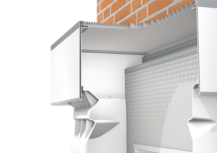 Schnittdarstellung von einem Lichtschacht und höhenverstellbarem Aufstockelement mit verlängerten Seitenschenkeln.