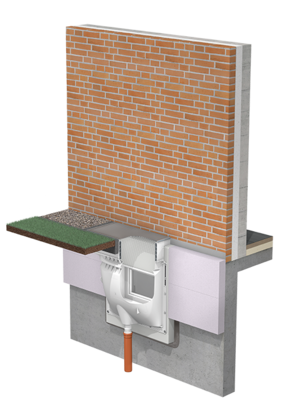 Schnittdarstellung von einem Lichtschacht und fixem Aufstockelement mit verlängerten Seitenschenkeln an einer Klinkerfassade.