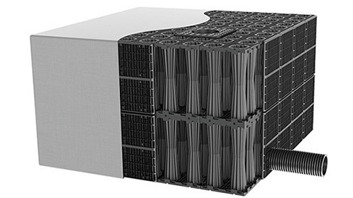 Rendering Produktbild ACO Stormbrixx als Regenwasserversickerung mit einem Geotextil umhüllt