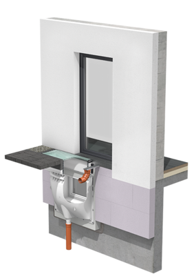 3D-Schnittdarstellung von einem Lichtschacht, geschlossenem Aufstockelement, Glasabdeckung ohne Lüftung und Fassadenrinne.