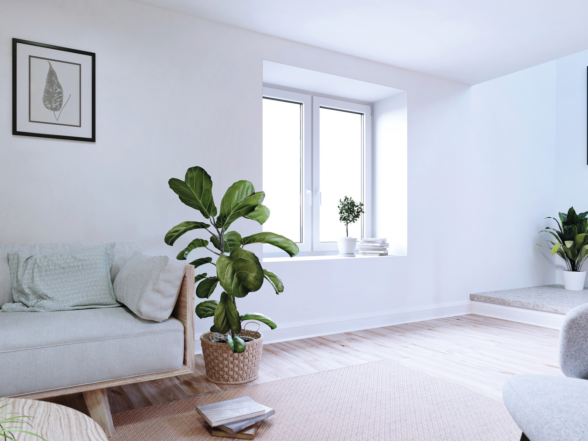 Heller, moderner Kellerraum mit grauem Sofa, grünen Zimmerpflanzen, Holzfußboden und minimalistischer Wanddekoration.