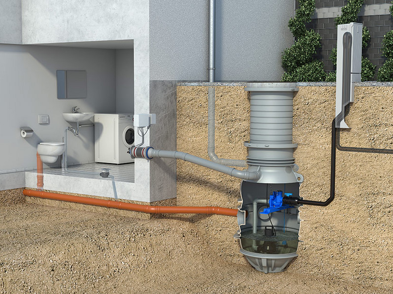 Computergrafik Querschnitt einer Pumpstation die außerhalb eines Gebäudes aufgestellt ist