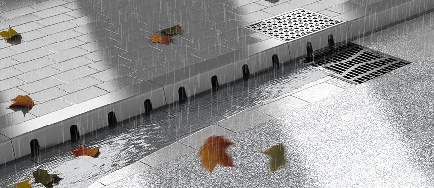 Rendering eines Gehwegs mit Bordstein bei Regen, umgeben von fallenden Herbstblättern, mit Linien- und Punktentwässerung