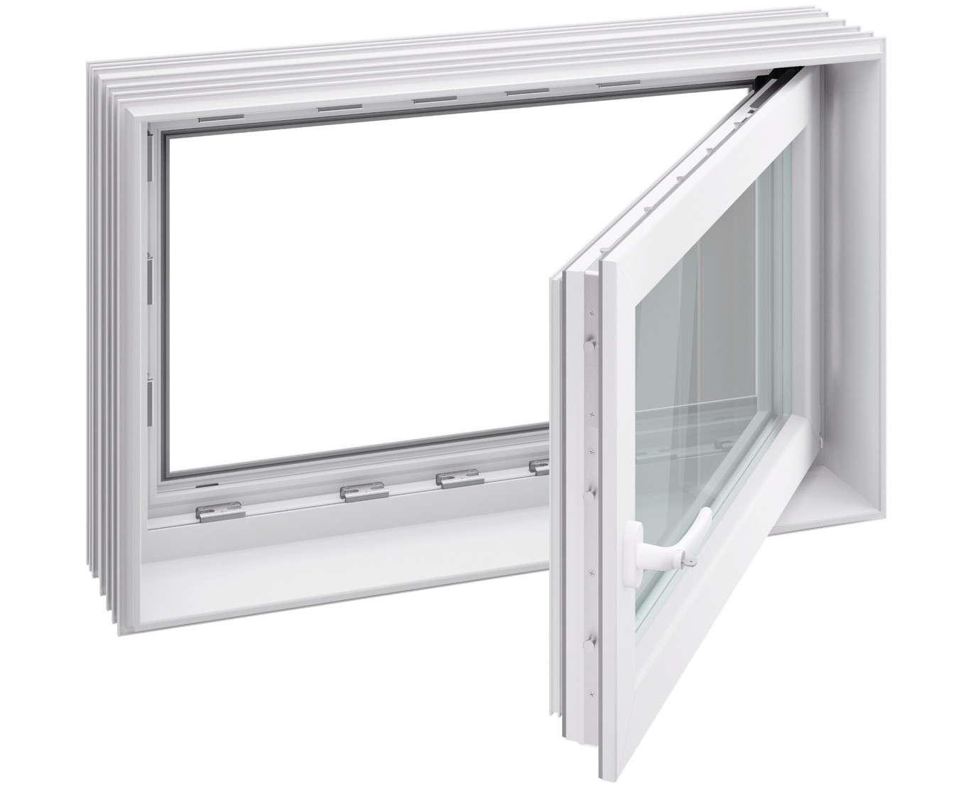 Rendering eines freistehenden Produktbildes von einem geöffneten Kellerfenster.