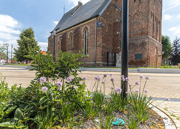 Innerstädtischer Platz mit Pflanzenbeet vor einer historischen Backsteinkirche bei sonnigem Wetter.