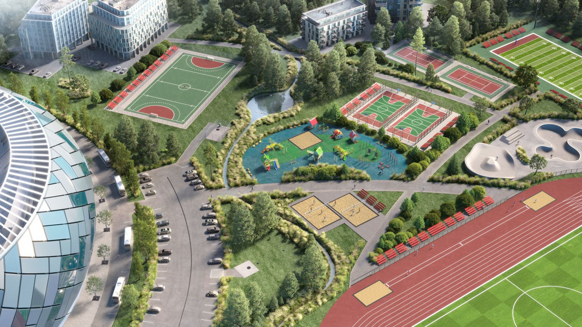 Rendering mit verschiedensten Sport- und Freizeitplätzen. Fußballplätze, Tennisplätze, Volleyballplätze, Spielplätze, Skateplatz.