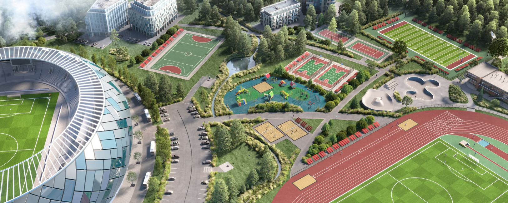Rendering mit verschiedensten Sport- und Freizeitplätzen. Fußballplätze, Tennisplätze, Volleyballplätze, Spielplätze, Skateplatz.