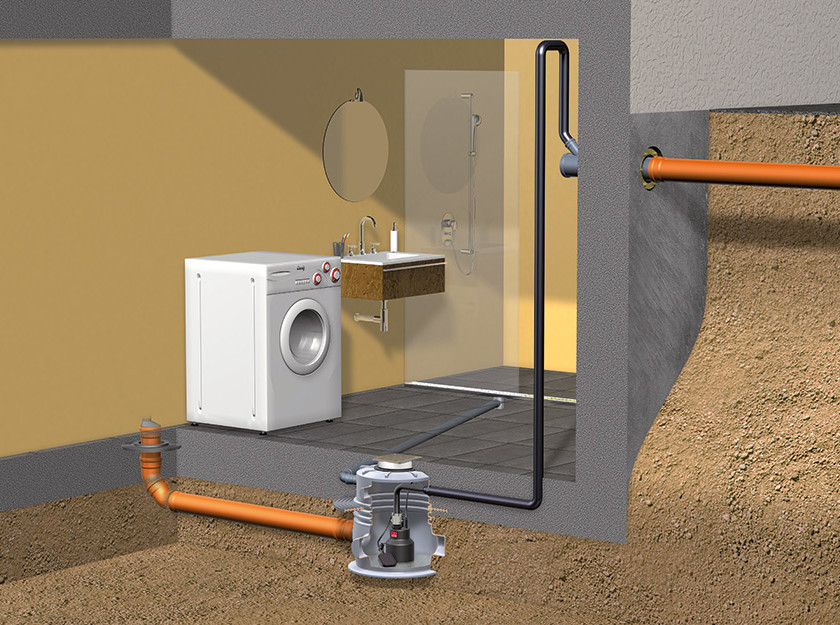 Computergrafik Querschnitt einer Waschküche im Keller mit Kleinhebeanlage