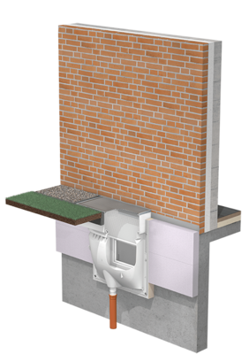 Schnittdarstellung von einem Lichtschacht und höhenverstellbarem Aufstockelement mit verlängerten Seitenschenkeln.