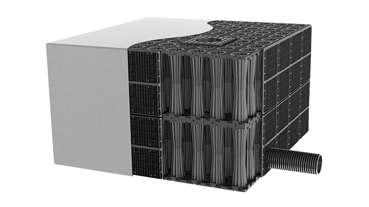 Rendering Produktbild ACO Stormbrixx als Regenwasserversickerung mit einem Geotextil umhüllt