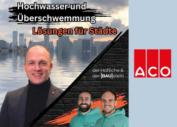 Podcast-Cover zum Thema Hochwasser mit drei lächelnden Männern und dem Schriftzug „Lösungen für Städte – ACO“.