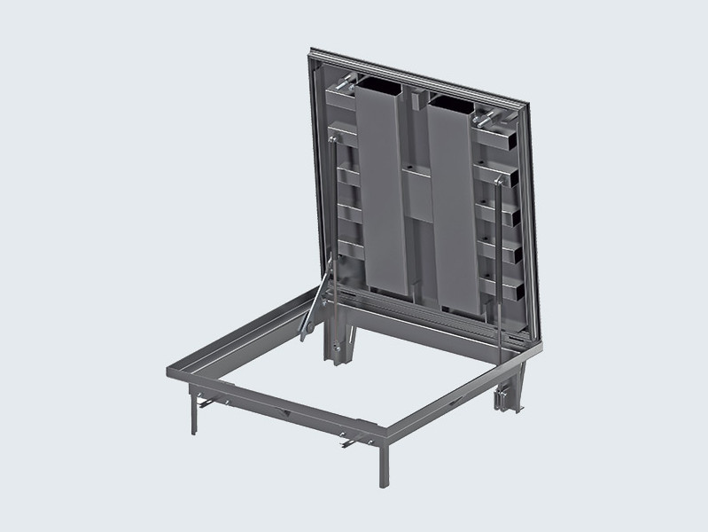 3D-Rendering einer geöffneten rechteckigen Schachtabdeckung mit integrierter Öffnungshilfe.