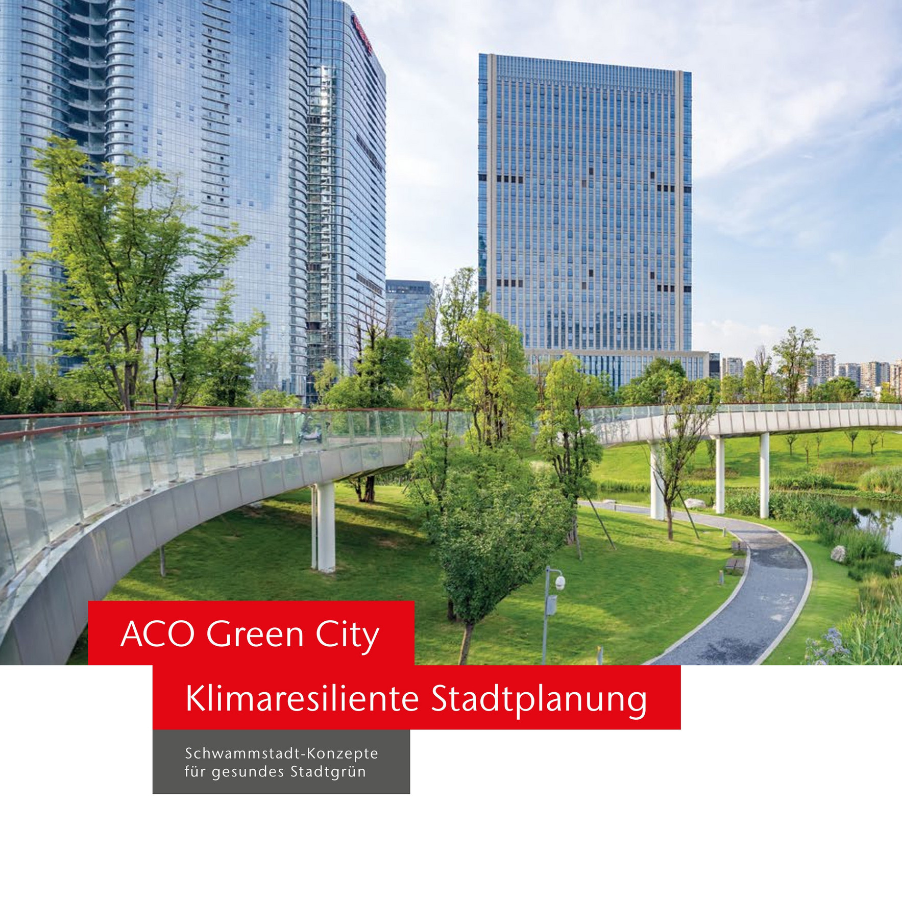 Rendering Fußgängerbrücke, die über eine Grünfläche mit Bäumen, Radweg und Fluss führt und mit Hochhäusern im Hintergrund.