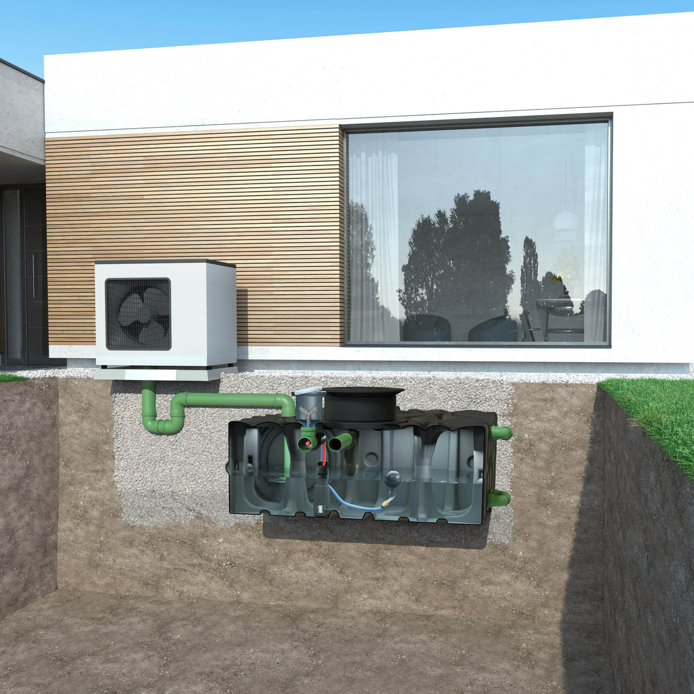 Wärmepumpe auf Fundament mit Anschluss an den ACO Rain4me Regenwassertank