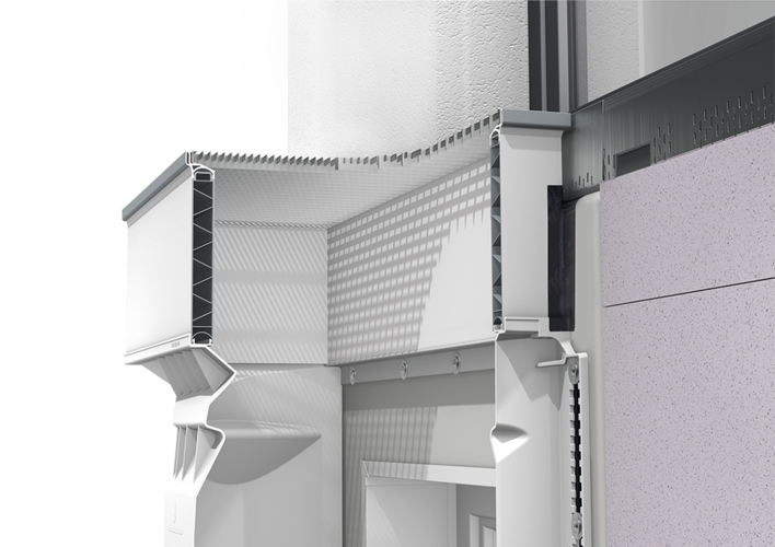 3D-Schnittdarstellung von einem Lichtschacht, 4-seitig geschlossenem Aufstockelement mit Maschenrost und Fassadenrinne.