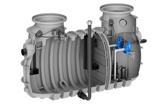 3D-Rendering einer Kompaktanlage mit Abscheider, Schlammfang, Probenahmestelle, Pumpstation, Rückstauschutz in einem Bauteil.