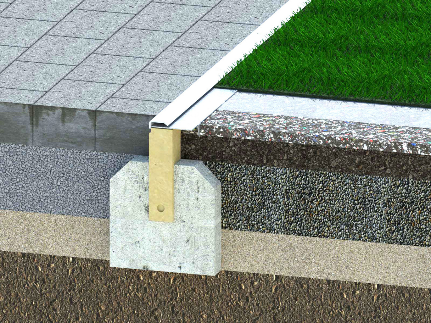 Das Rendering zeigt den teils unterirdischen Einbau von Randsteinen mit ShokePads und Klemmschiene. Die ShokePads bieten Schutz und Stabilität, während die Klemmschiene die Steine sicher befestigt und ausrichtet.
