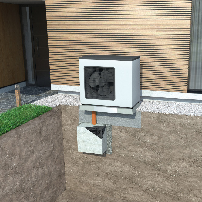 Wärmepumpe mit Fertigfundament von ACO und Anschluss an die ACO Self® Sickerbox