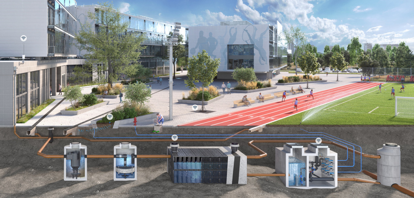 Sportplatz Das Bild zeigt einen Sportplatz mit einer unterirdischen Ansicht des umfassenden ACO Entwässerungssystems. Die Darstellung zeigt, wie das System unter der Oberfläche verläuft, um Wasser effizient abzuleiten und die Spielfläche trocken zu halten.