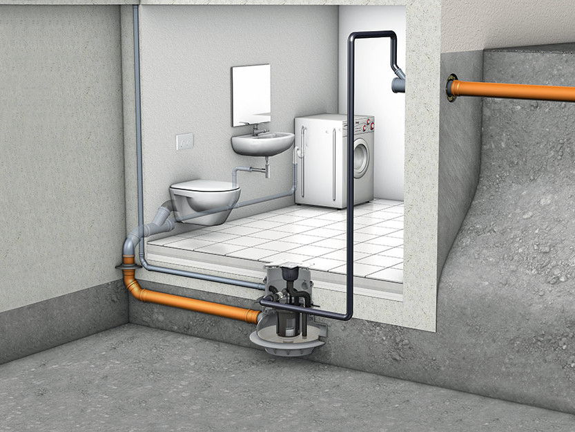 Rendering Querschnitt eines Badezimmers in einer Souterrainwohnung mit Hebenanlage