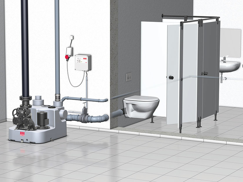 Rendering Querschnitt eines Kellerraums mit Toilette und mit Hebenanlage