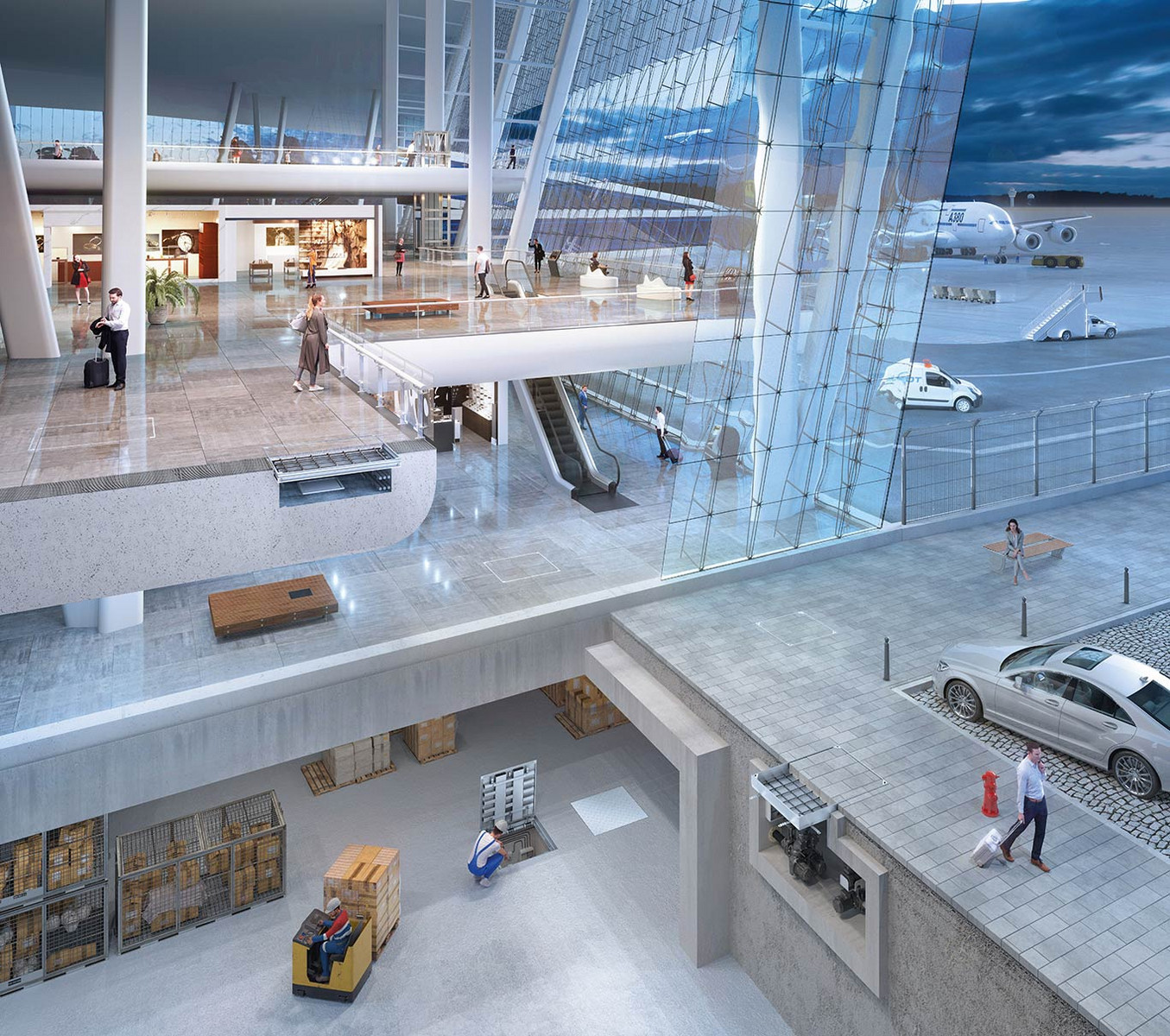 Computergrafik Querschnitt eines Terminals mit drei Ebenen mit Shopping-Mall und Logistik sowie Rollfeld und Parkplatz