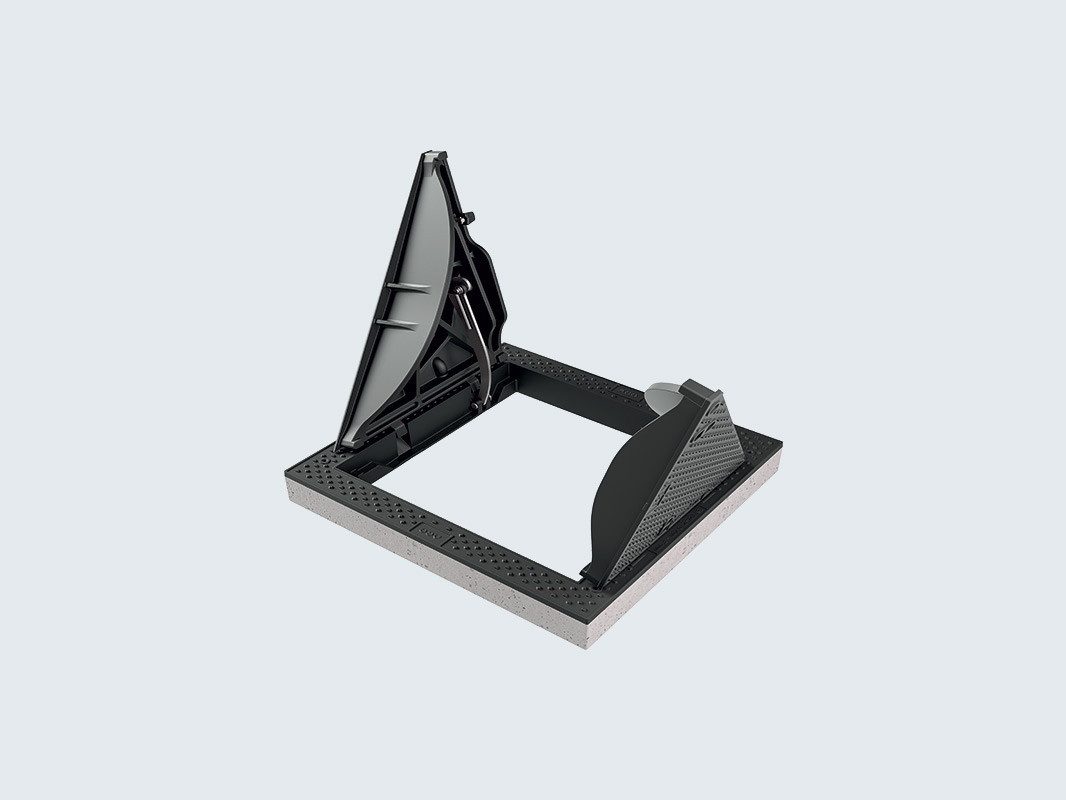 3D-Rendering einer geöffneten Schachtabdeckung mit Dreiecksdeckel und rutschhemmender Oberflächenstruktur.