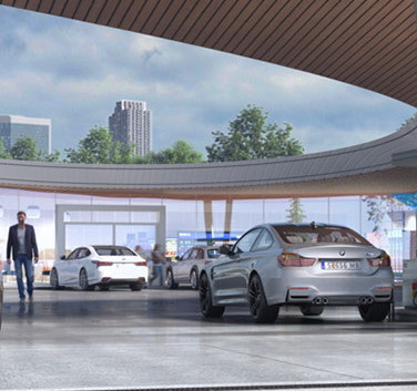 Computergrafik Tankstelle mit Autos