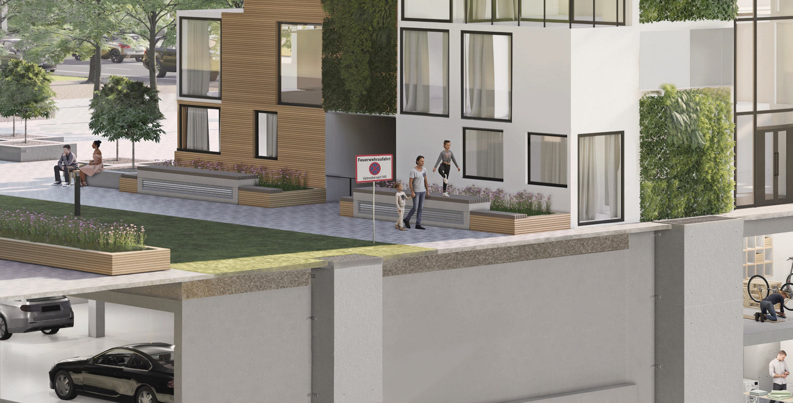 Rendering einer modernen Wohnanlage mit Querschnitt von Keller und Tiefgarage, in grüner Umgebung mit Bäumen.