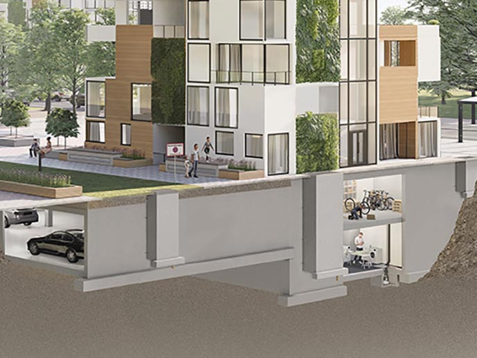 Rendering einer modernen Wohnanlage in grüner Umgebung mit Bäumen mit Querschnitt von Keller und Tiefgarage.