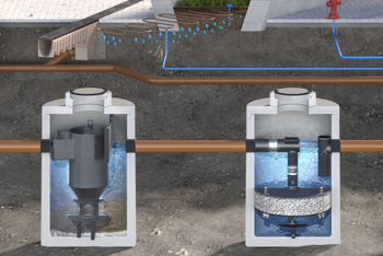 Reinigung Unterirdische Ansicht vom Sportplatz. Reinigung von Regenwasser über ACO Entwässerungssystem wird dargestellt.