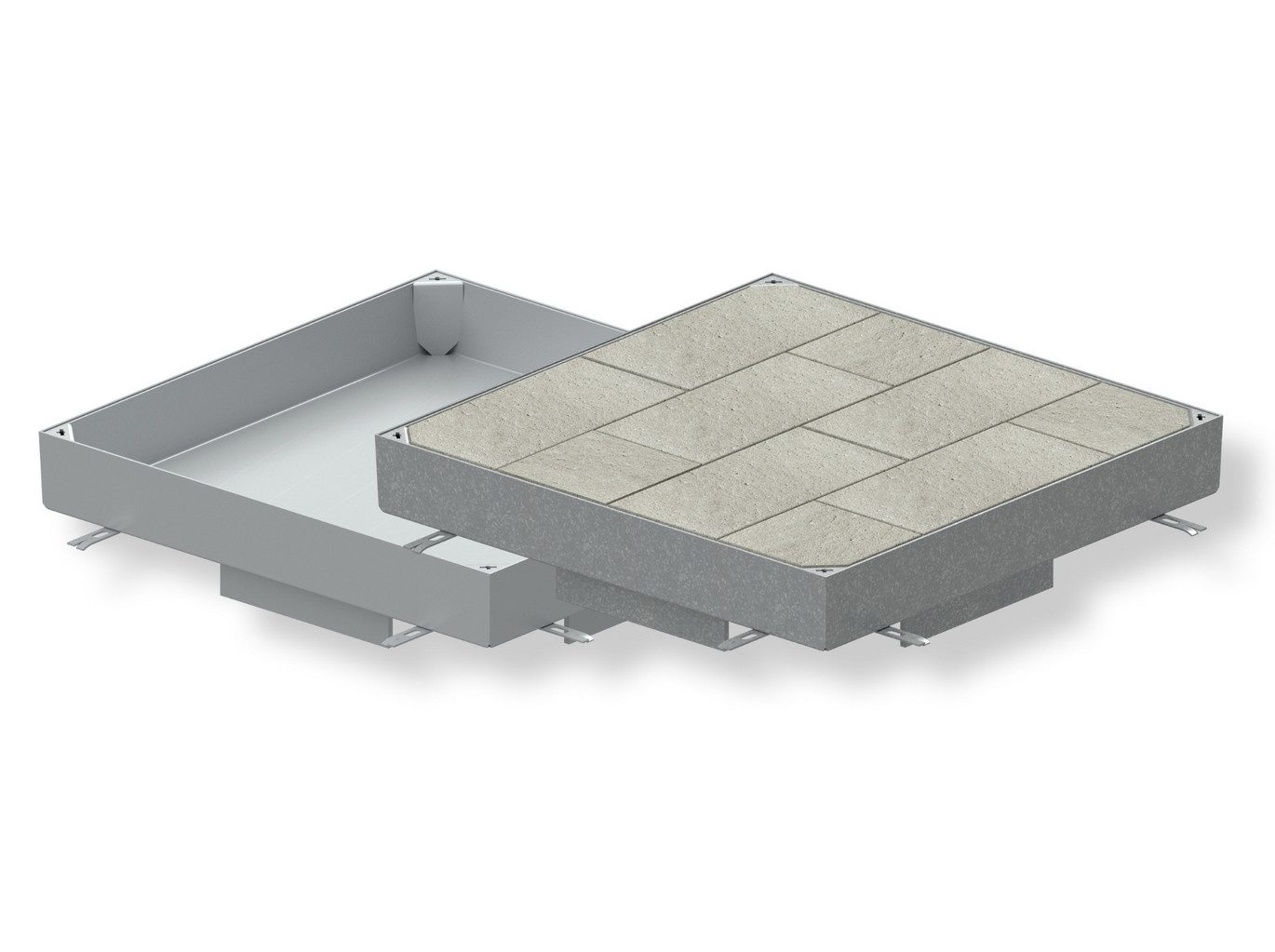 Auspflasterbare Schachtabdeckungen Paving GS 120 bestehen aus einem Rahmen und einer ausfüllbaren Wanne. Die Wanne ist 120 mm hoch und kann beispielsweise mit einem flachen Mörtelbett und Pflastersteinen gefüllt werden.