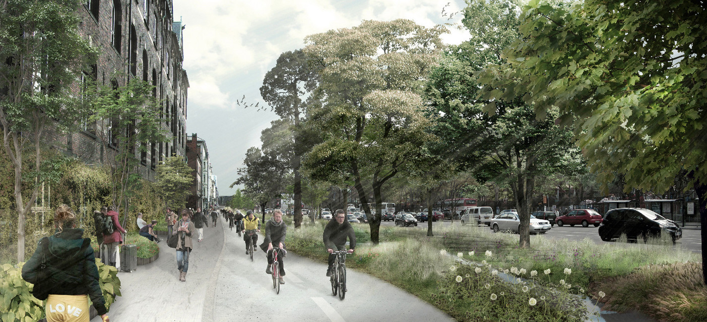 Städtischer Rad- und Fußgängerweg mit Radfahrern und Fußgängern, Häuser links, Bäume rechts trennen Straße vom Radweg