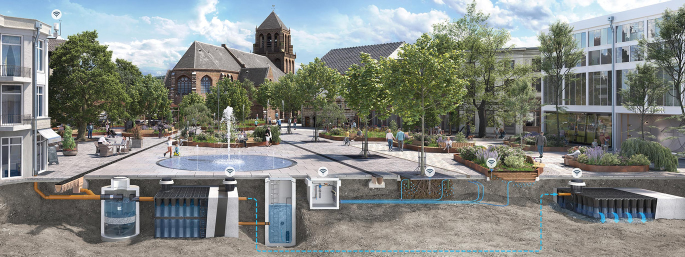 Rendering eines Stadtplatzes mit Brunnen und Bäumen, darunter sichtbare unterirdische Regenwasser- und Entwässerungssysteme.